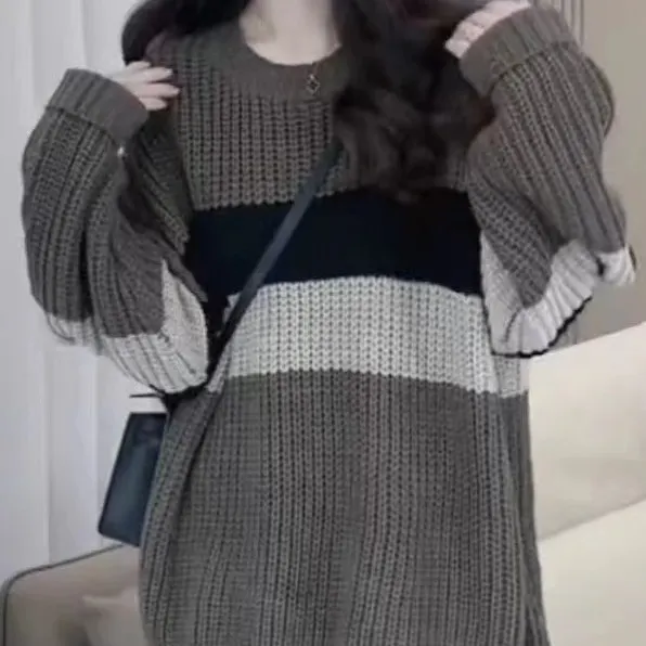 Churchf Churchf New Fashion Loose And Lazy Wind Contrast Color Stripe Soft Waxy Round Collar Fur Autumn Temperament Retro Casual Jacket