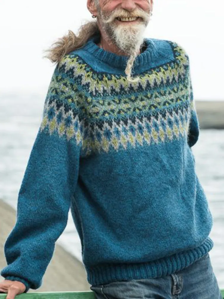 Vintage Warm Knitted Jacquard Iceland Crew Neck Sweater