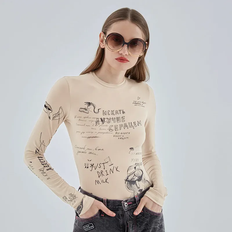 Brownm 2024 Women's Summer New Round-Neck Long-Sleeved Fashion Print Repair Uniform