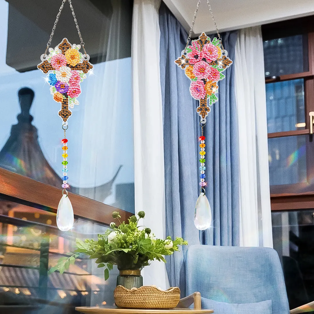 2Pcs Cross DIY Acrylic Diamond Painting Art Wind Chimes with Crystal Pendant Diamond Art Hanging Pendant Double-Sided for Adults Beginners Gift Home Garden Decor