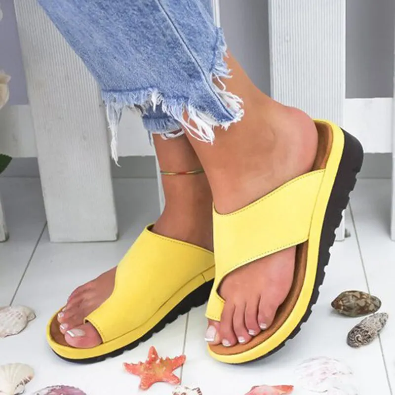 Ladies Silver PU Leather Sandals Wedges Comfy Platform Flat Casual Soft Women Big Toe Foot Correction Shoes Correctores