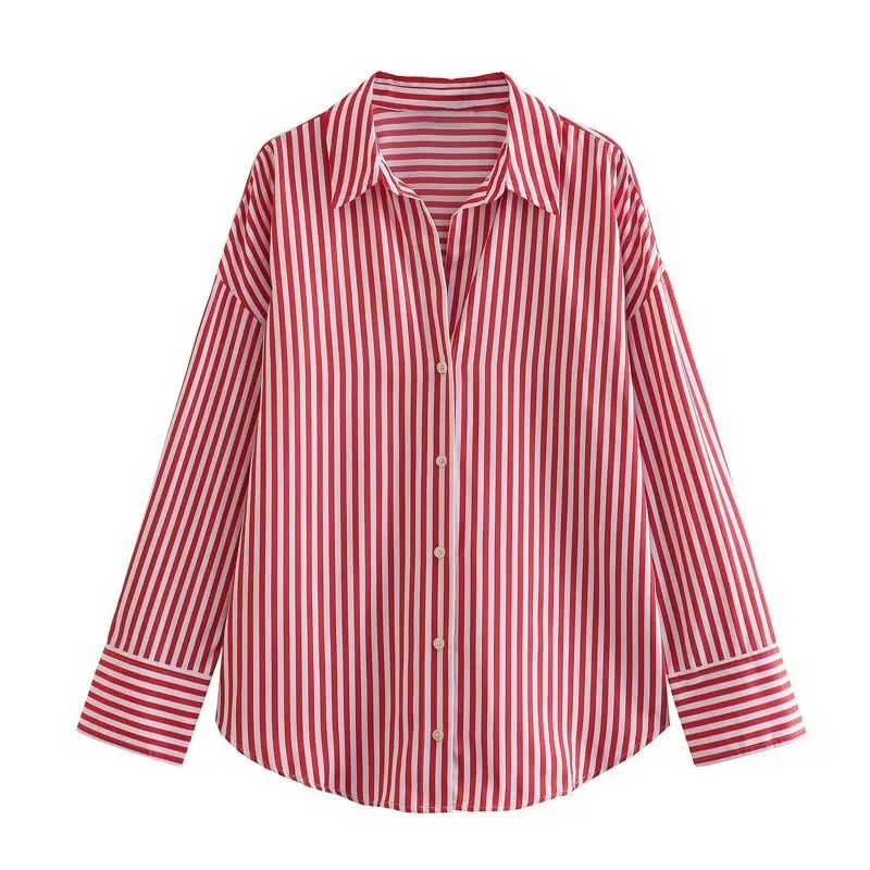 Churchf Churchf New Women's Versatile Striped Lapel Single Breasted Long Sleeve Loose Mansion Silk Shirt