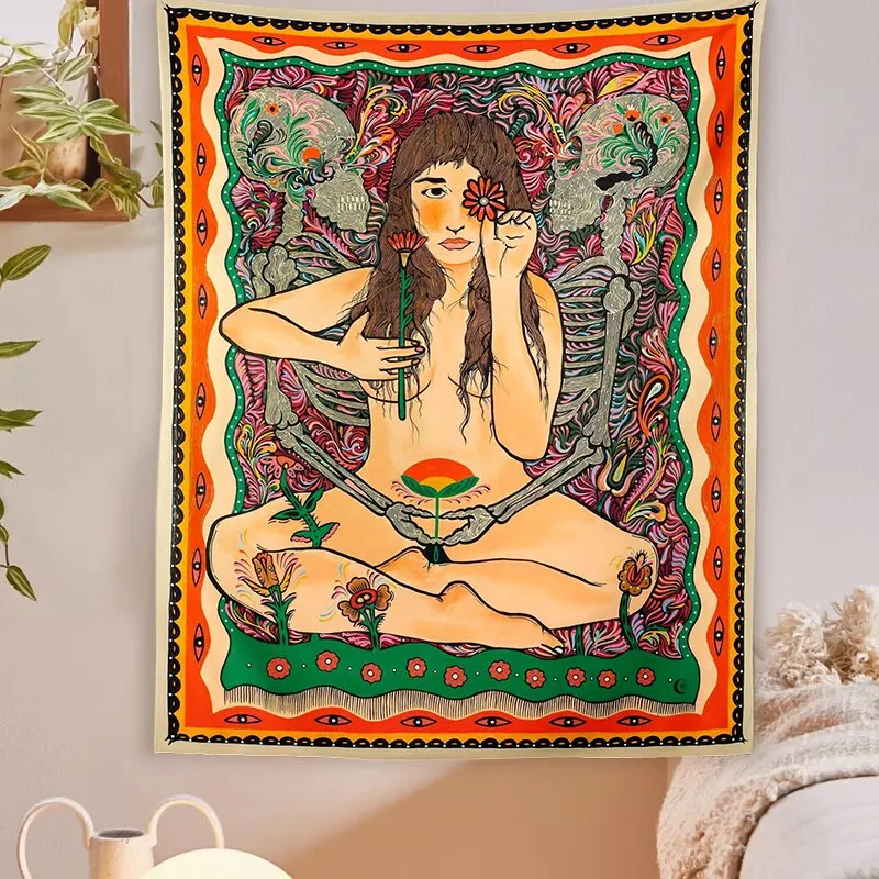 Skull Lover Tapestry Sexy Nude Women Tapestry Colorful Flower Moon Star Tapestry Wall Hanging Aesthetic Room Wall Decor Art