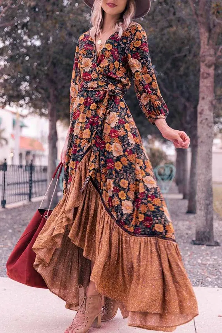 Chicindress Long Sleeve Print Retro Long Maxi Dress