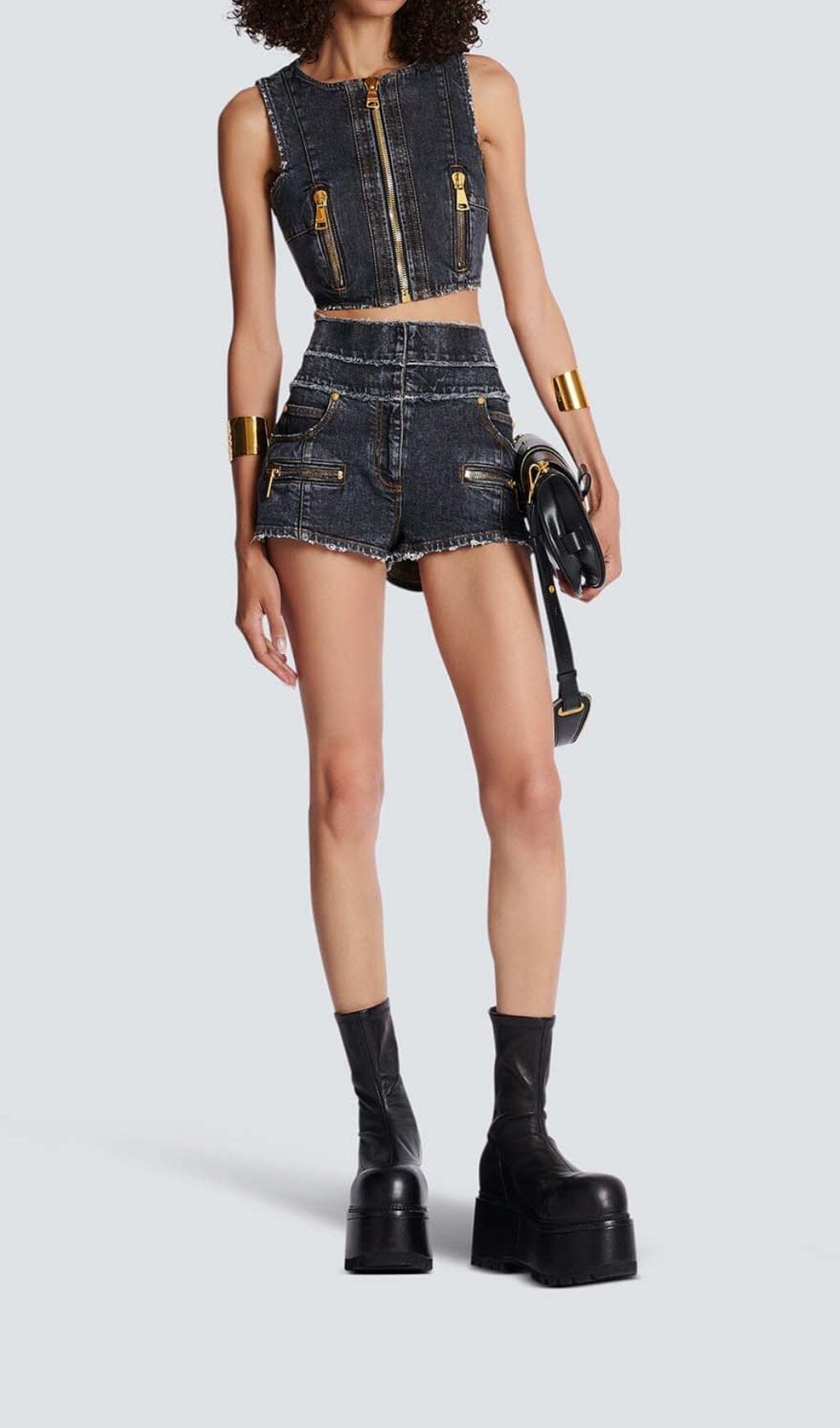 High-Waisted Faded Denim Two Pieces Set Flowering Girl