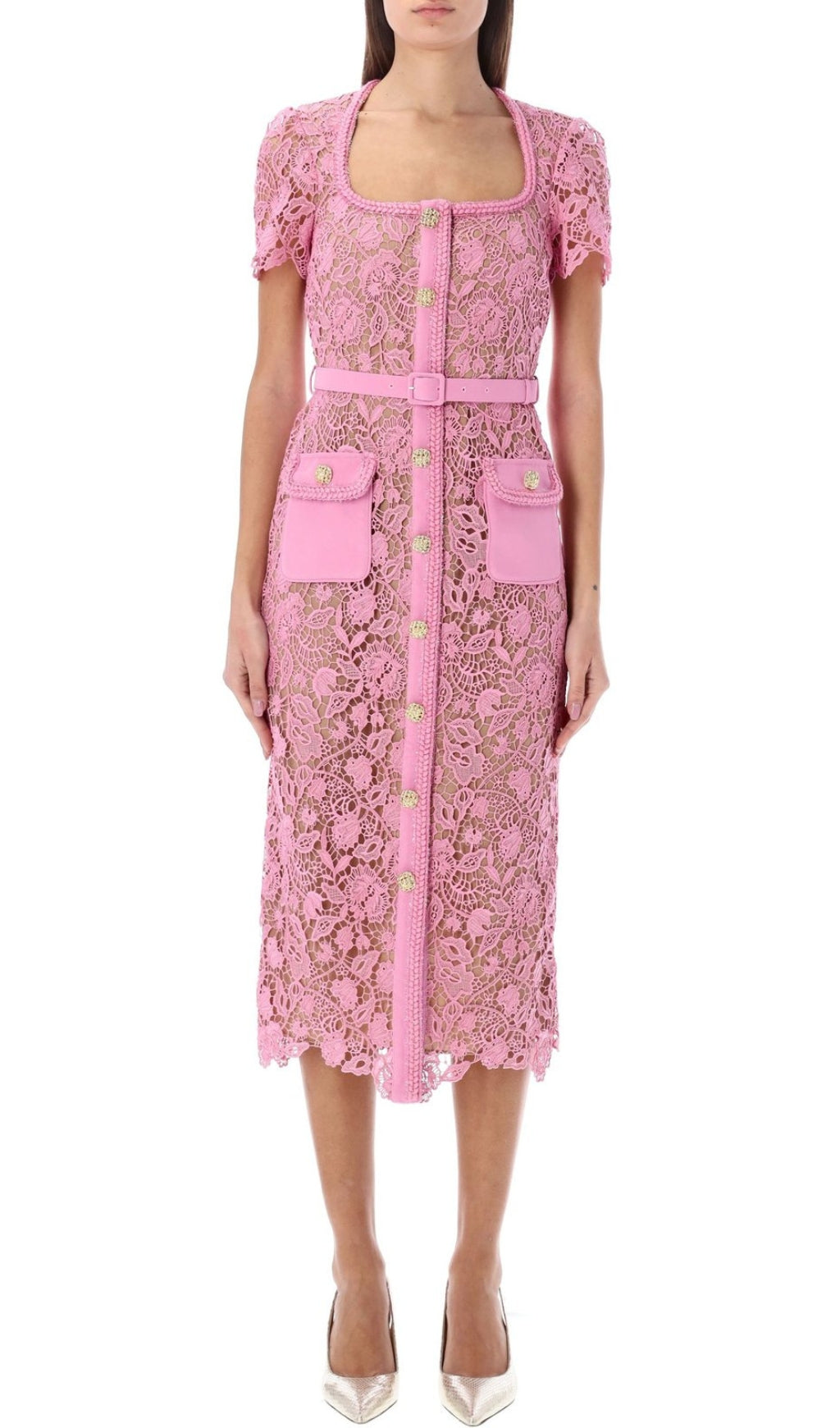 Fashionslee WomenAnna Pink Guipure Lace Midi Dress