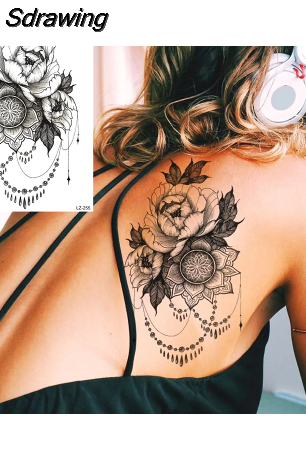 Sdrawing Peony Flower Temporary Tattoos For Women Adults Realistic Compass Moon Pendant Fake Tattoo Sticker Arm Body Tatoos 507-1