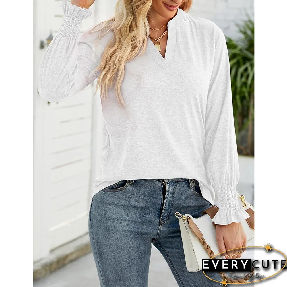 White V-neckline Ruffle Long Sleeve Tops