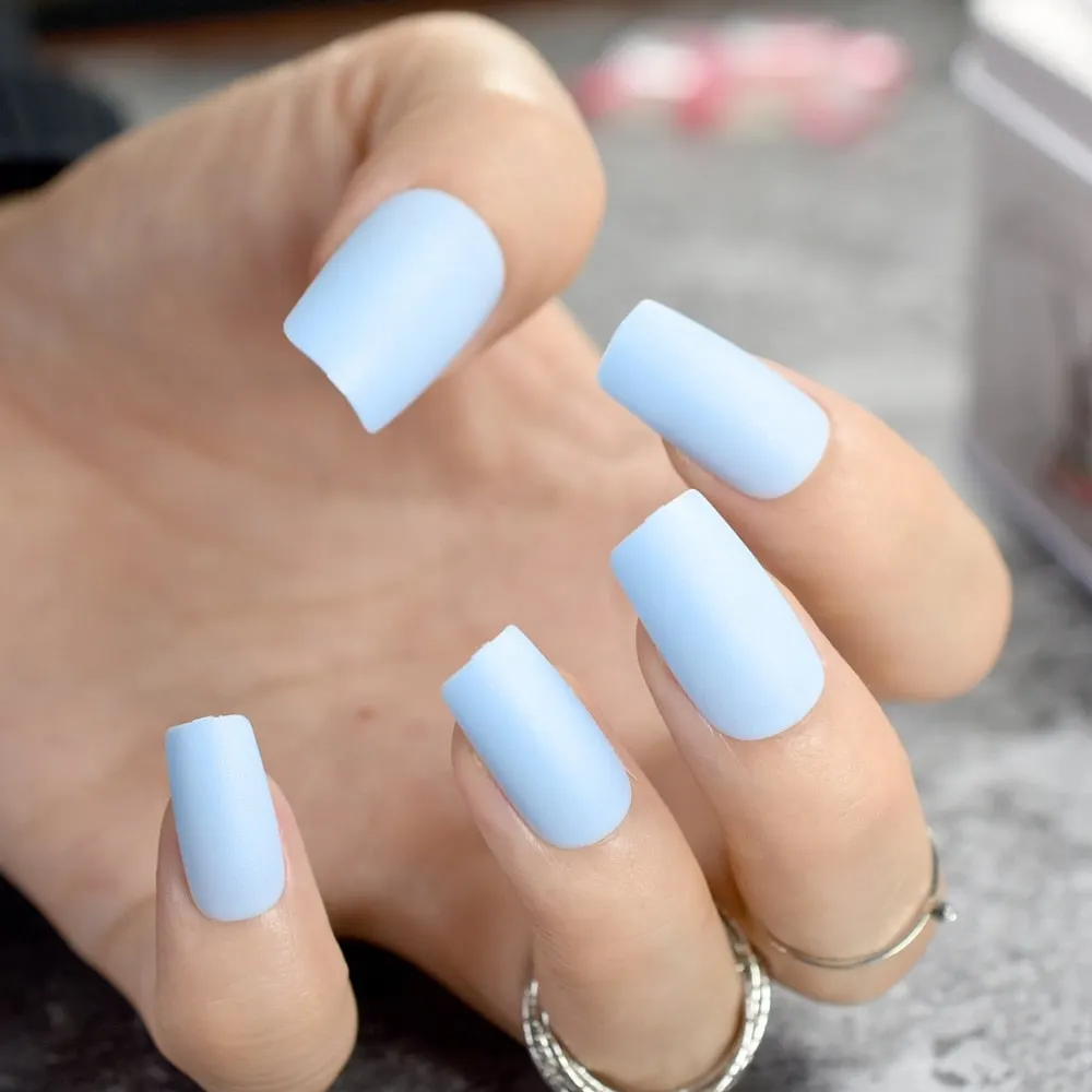 Medium Long Matte Fake Nails White Matt Solid Color Nail Tips Square Acrylic Fignernails 24-Nail Inspo