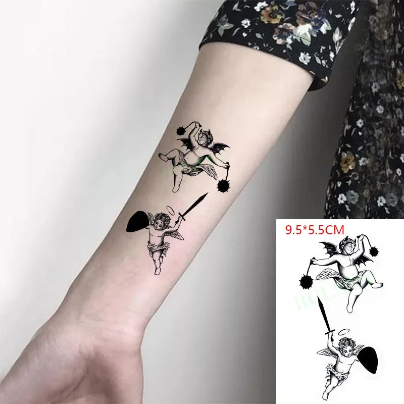 Waterproof Temporary Tattoo Sticker Neck Black Word Angel Devil Bull Cross English Letters Flash Tatoo Fake Tatto for Woman Men