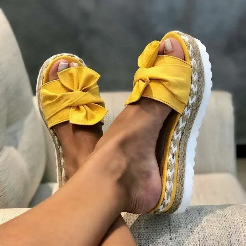 Hemp rope sponge cake platform sandals and slippers women summer new style bowknot straw woven large size slippers