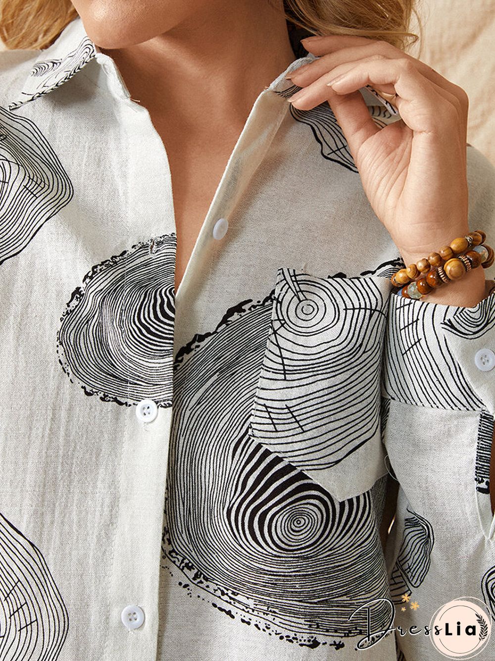 Geometry Print Long Sleeves Casual Loose Blouse With Pockets
