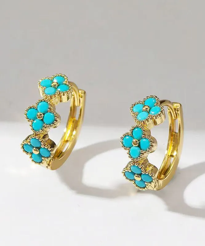 Casual Gold Copper Inlaid Zircon Turquoise Four Leaf Clover Hoop Earrings