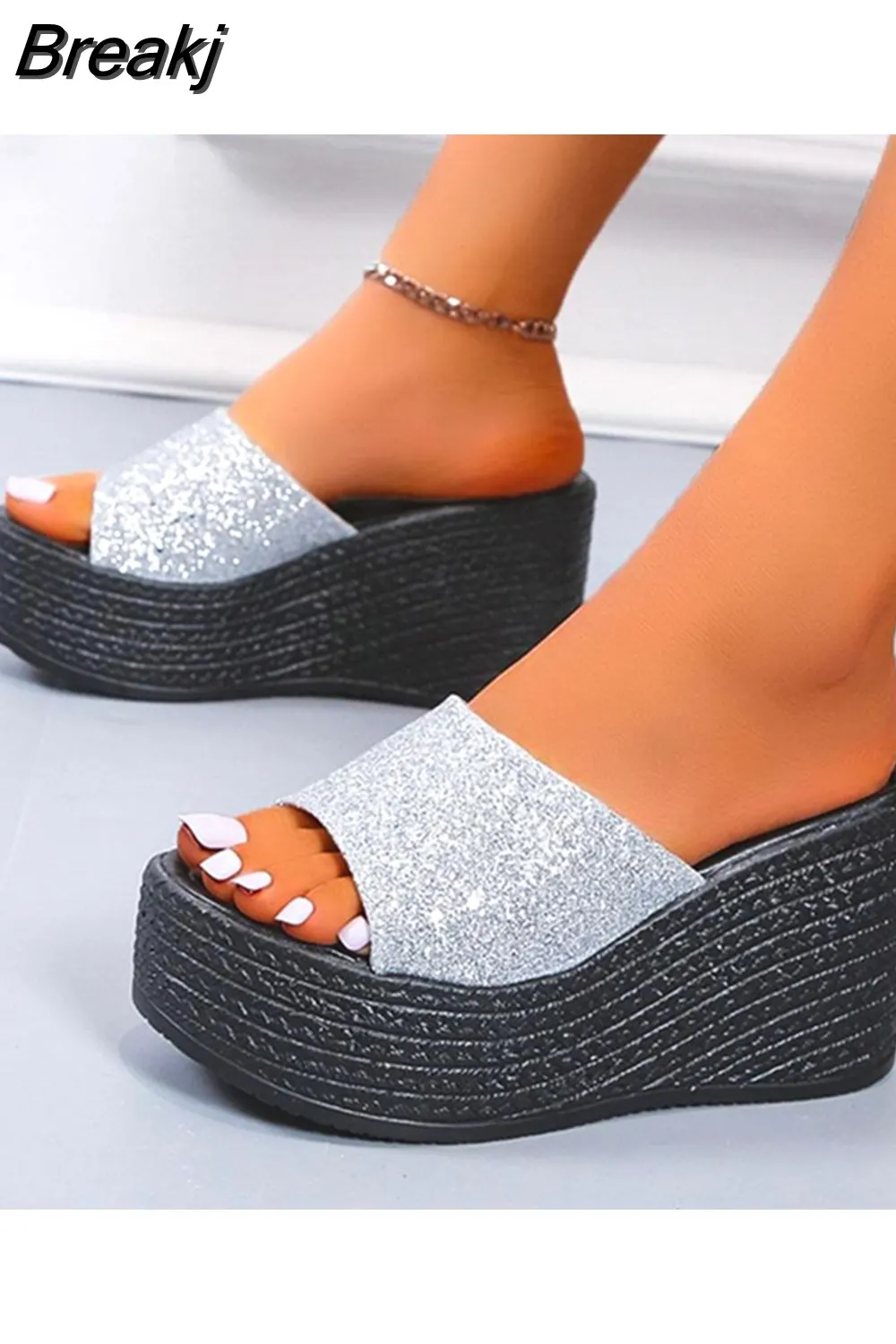 Breakj Wedge High Heeled Women Sandals New Arrived 2023 Bling Sequin Lady Slipper Peep Toe Comfort Walk Causal Sandals Plus Size