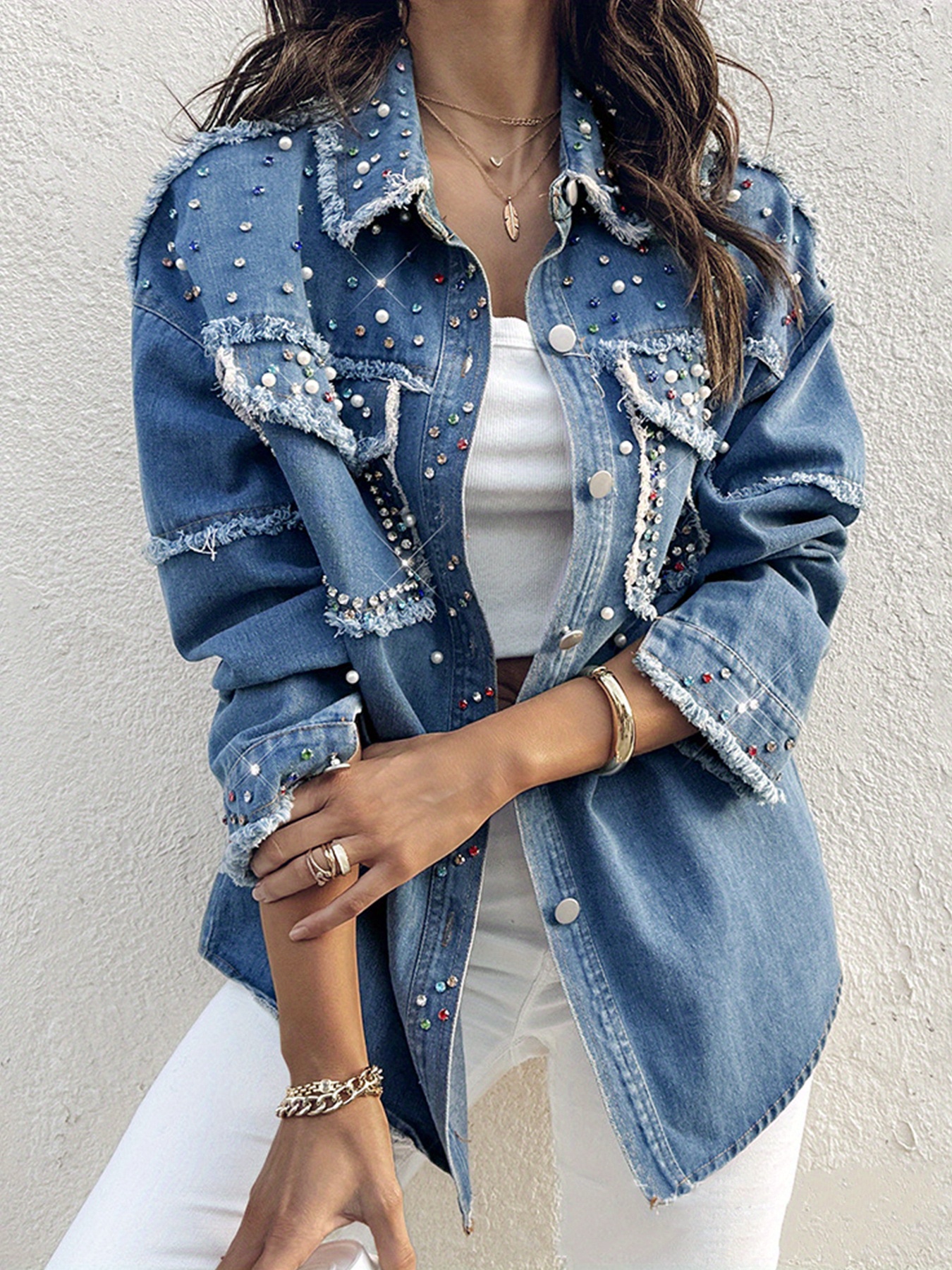 2025 new Women's beaded contrast-color denim long-sleeved jacket, Short Jean Jackets for Women Elegant, Plus Size Jean Jacket, Jean Coat Clothes Women, Lightweight Jacket for Women, Jean Jackets for Women High Quality, Cropped Jean Jacket Women