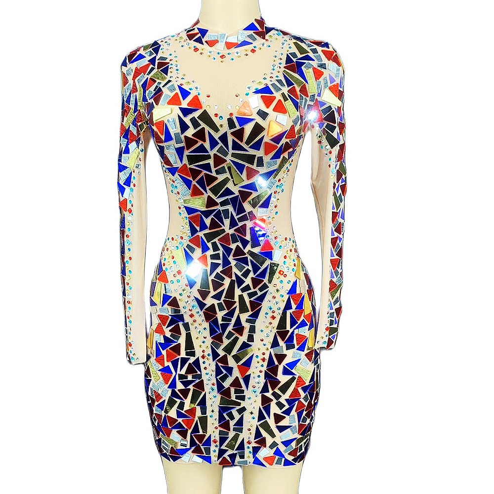 GOOSHOE Rhinestones Decoration Mirror Sequins Mesh Gauze Mini Dress Theatrical Costume Women Costume