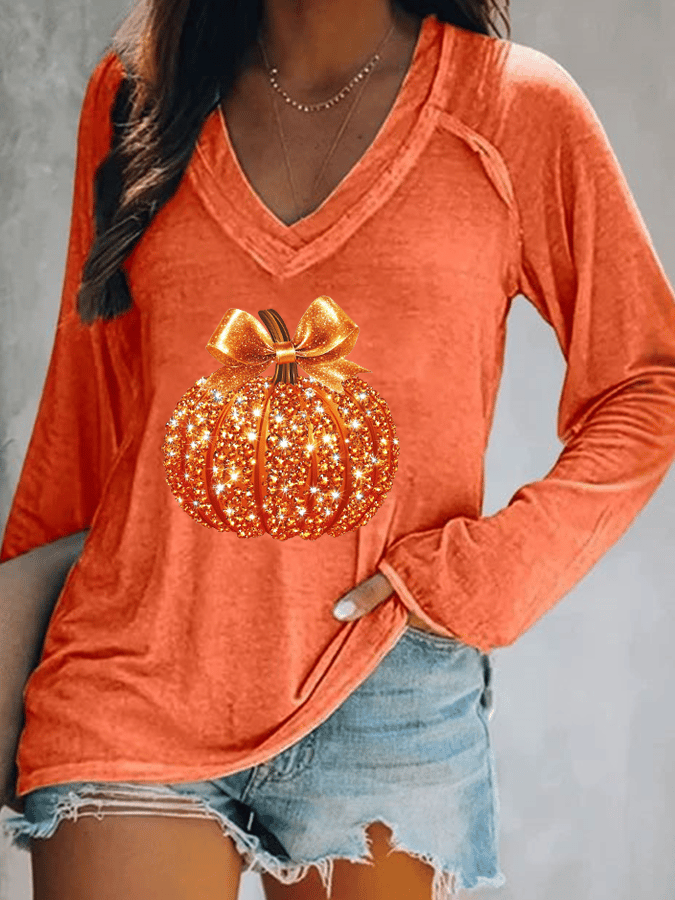 Women's Autumn Sequin Pumpkin Print V-Neck T-Shirt 