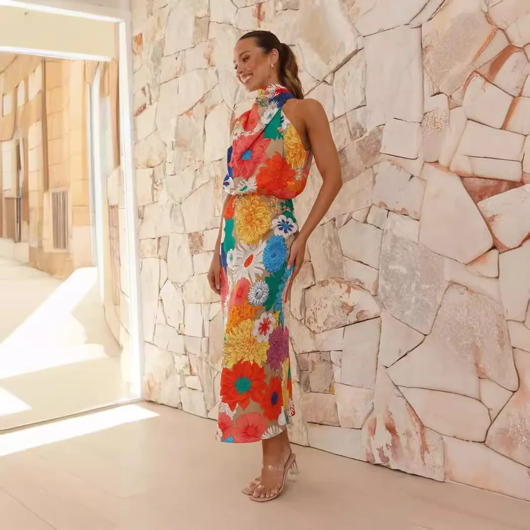 Brownm Brownm Years Holiday Style Fashion Print Hanging Neck Sleeveless Waist Dress-23117-1