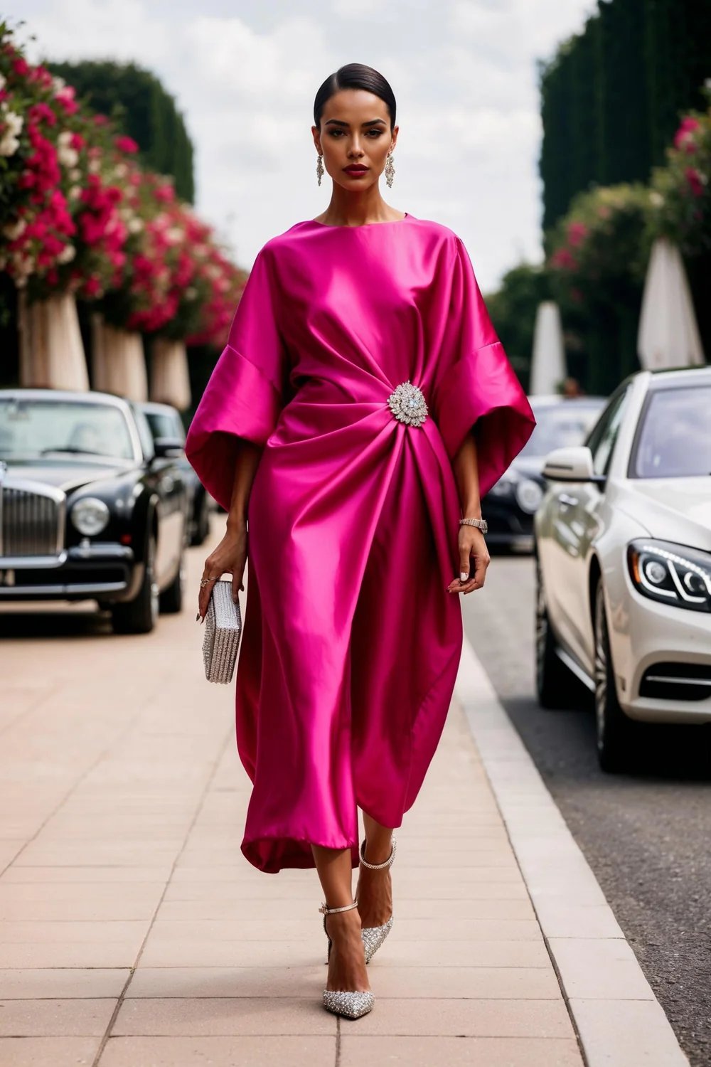 Women's Round Neck Satin Pleated Elegant Dress 