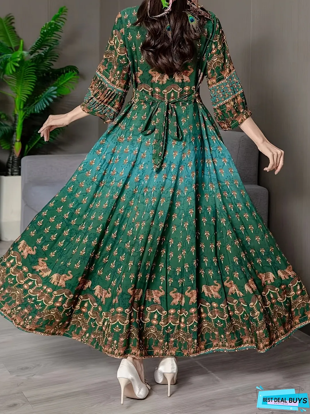 Ethnic Floral Pattern Maxi Dress, Boho Square Neck 3/4 Sleeve Dress, Women's Clothing