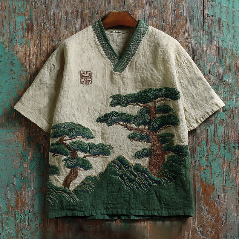 Japanese Landscape And Pine Tree Patterns Art Contrast Linen V Neck Shirt