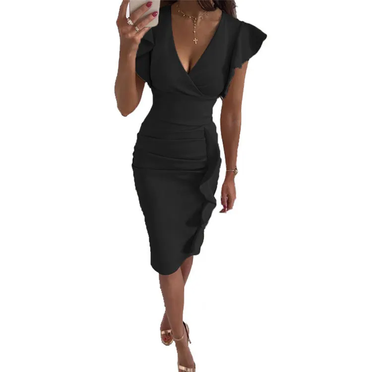Uveng Uveng New Multi-Color Printing Dress V Collar Lotus Edges Sexy High-Waisted Dress
