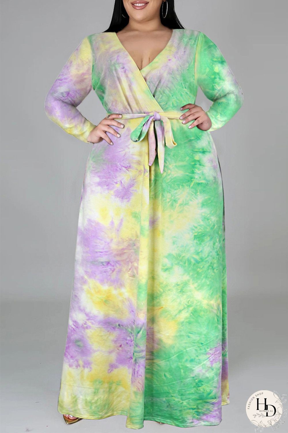 Colour Fashion Casual Print Tie-dye V Neck Long Sleeve Plus Size Dress