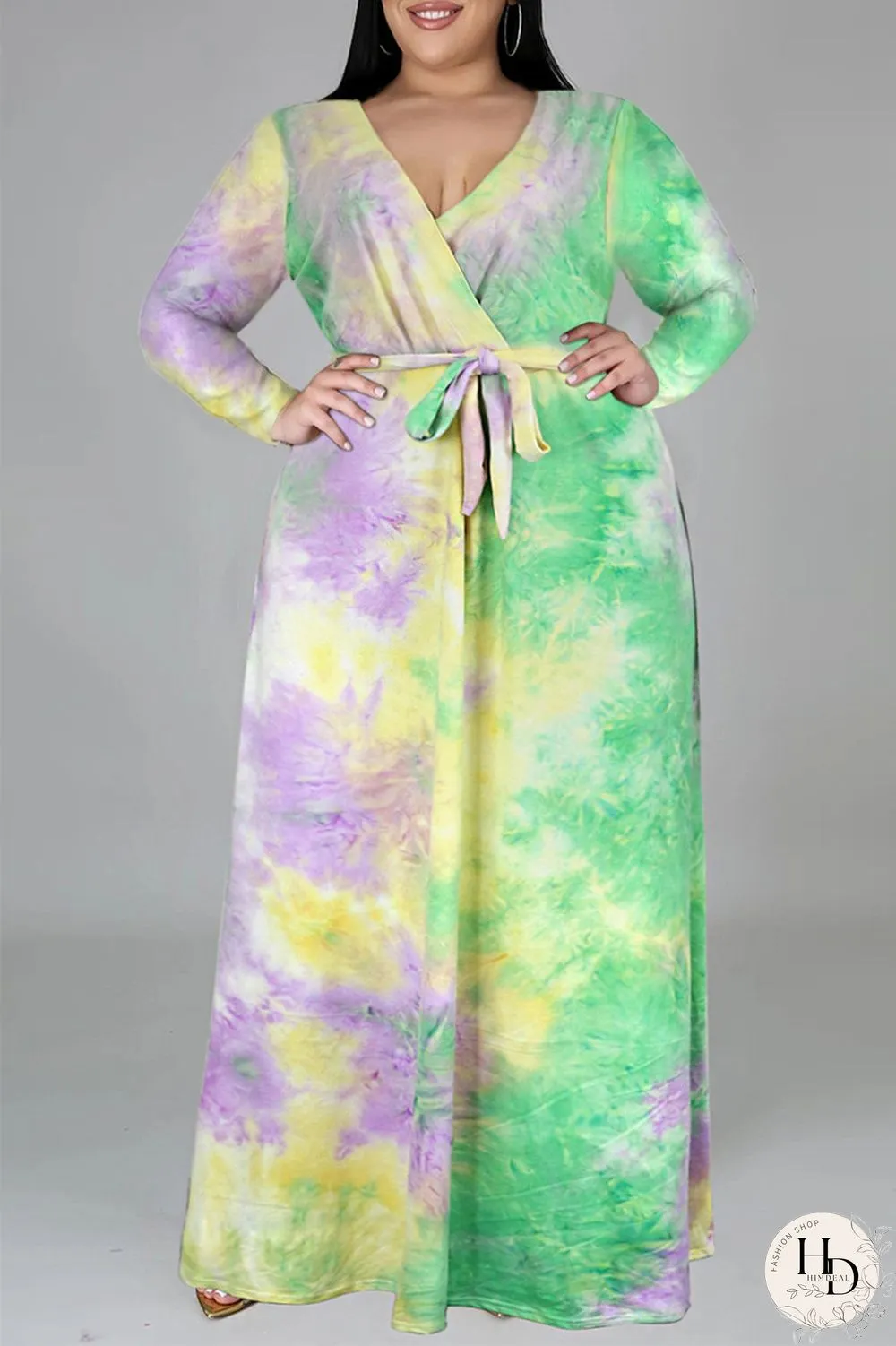 Colour Fashion Casual Print Tie-dye V Neck Long Sleeve Plus Size Dress