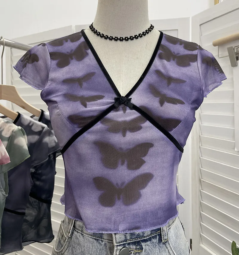 Churchf Sexy Hottie V-Neck Butterfly Print Short-Sleeved T-Shirt Slime Short-Navel Net T-Shirt Girl 9920