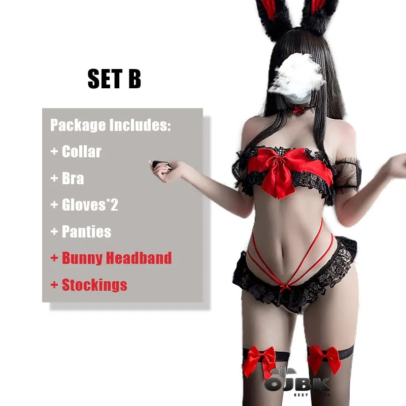 Paloli Sexy Apparel Cosplay Costumes Bunny Girl Sex Lingerie Bikini Set With Big Bow In Front Erotic Outfit For Women 2021 New