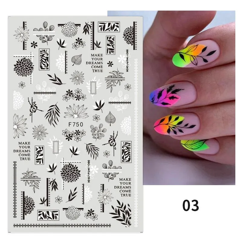 Maple Leaves 3D Nail Sticker Gold Black iridescent Leaf Tree Geometrics Lines Adhesive Transfer Sticker DIY Nail Decoration