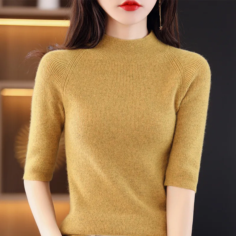 Churchf Churchf Summer Slim Head Five Minute Sleeve Bottom Top New Half High Collar Solid Color Simple Medium Sleeve Sweater Women