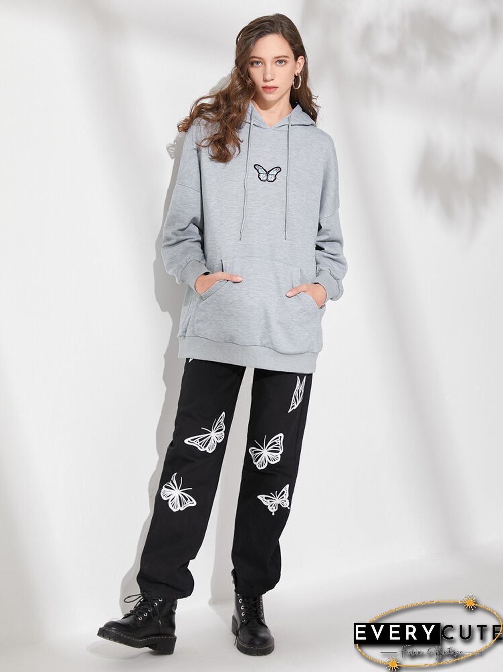 Butterfly Kangaroo Pocket Drop Shoulder Loose Hoodie