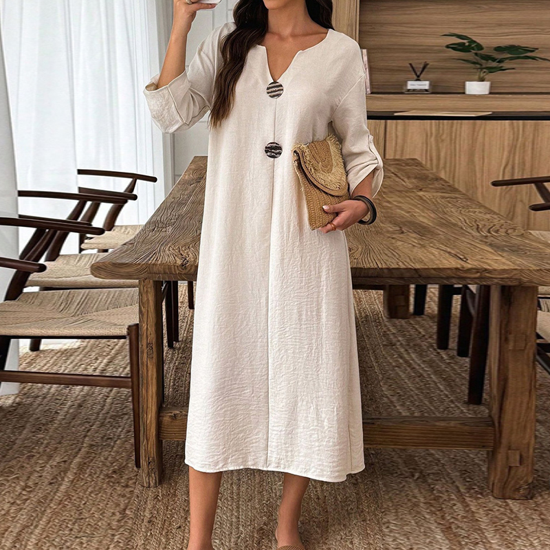 Women's Elegant V-neck Linen-cotton Maxi Dress elevenforest