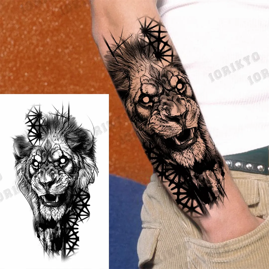 Black Lion Wolf Temporary Tattoos For Men Adult Forest Rose Compass Warrior Fake Tattoo Washable Body Art Painting Tatoo Sticker