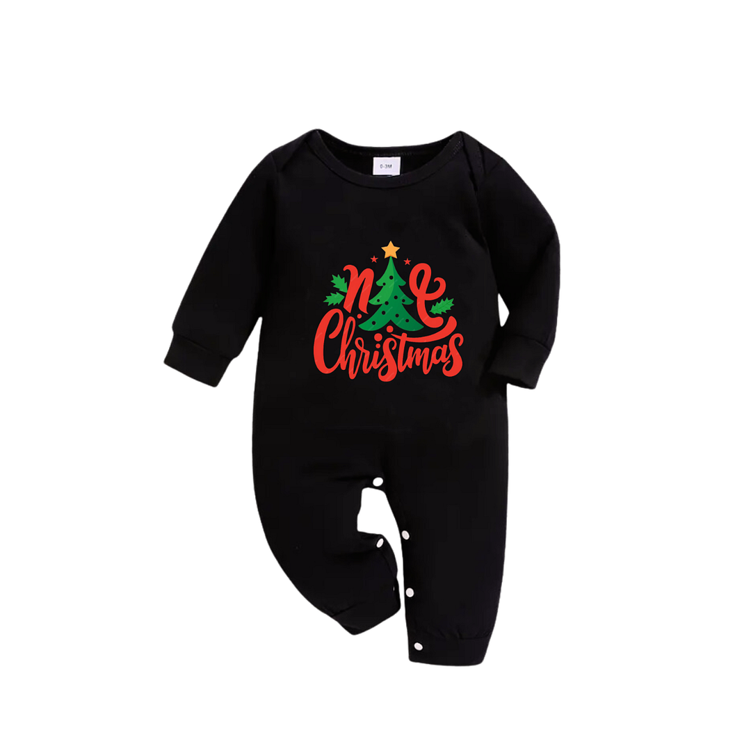 Christmas Tree with Stars and Colorful Pattern Black Top with Red & Green Plaid Pants Family Matching Pajamas
