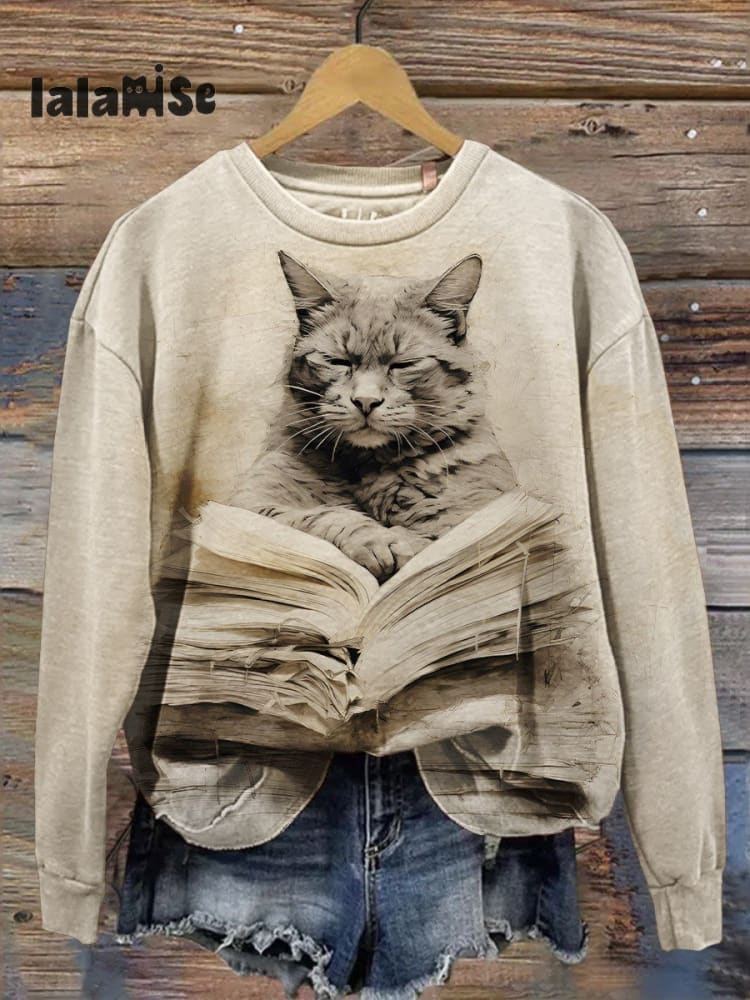 Cat Reading A Book And Meditating Vintage Style Animal Art Casual Sweatshirt Sand / S