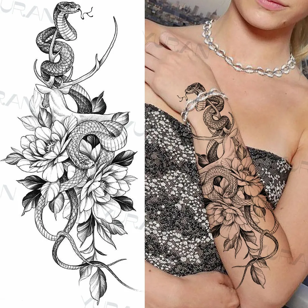 Black Large Snake Flower Fake Tattoo Sticker For Women Dot Rose Peony Temporary Tattoos DIY Water Transfer Tatoos Girls 530