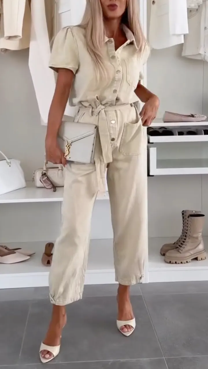 Women's Collared Denim Lace-Up Casual Jumpsuit