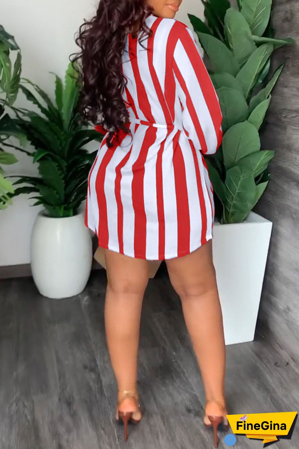 Brown Fashion Casual Striped Print Bandage Patchwork With Belt V Neck Straight Dresses