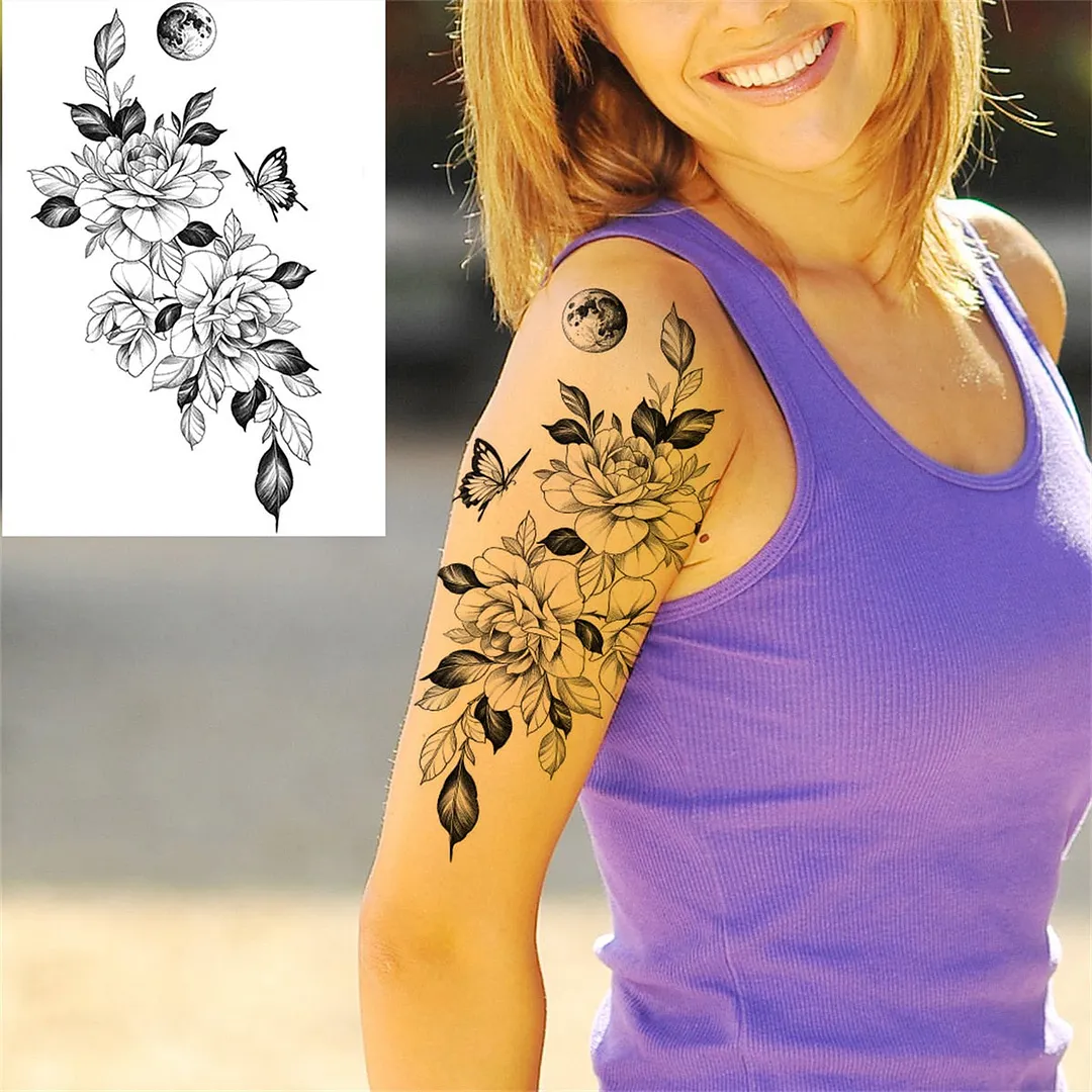 Flower Compass Temporary Tattoo For Women Girls Adult Rose Peony Tattoos Sticker Fake Black Floral Body Art Thigh Tatoos Paper
