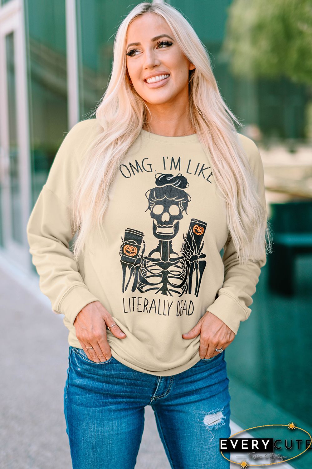 Halloween Skeleton Letter Print Crew Neck Pullover Sweatshirt