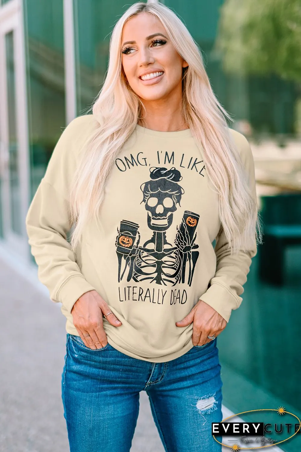 Halloween Skeleton Letter Print Crew Neck Pullover Sweatshirt