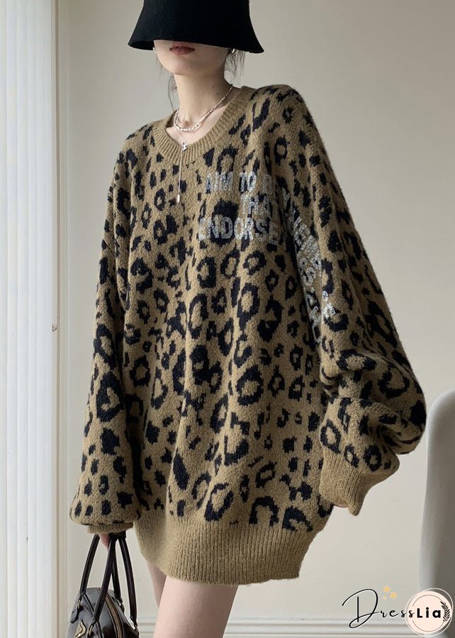 Women Khaki Leopard O Neck Cozy Knit Sweater Winter