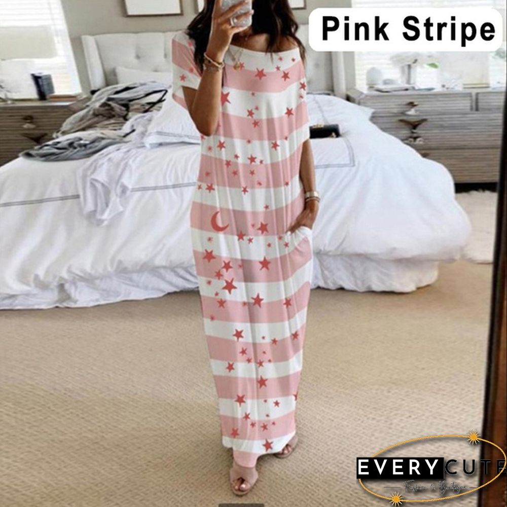 Plus Size Xs-5Xl Women Loose Casual Short Sleeve Moon Stars Print Maxi Dress Home Clothes Soft Long Dresses Homeware Vestidos Casuales