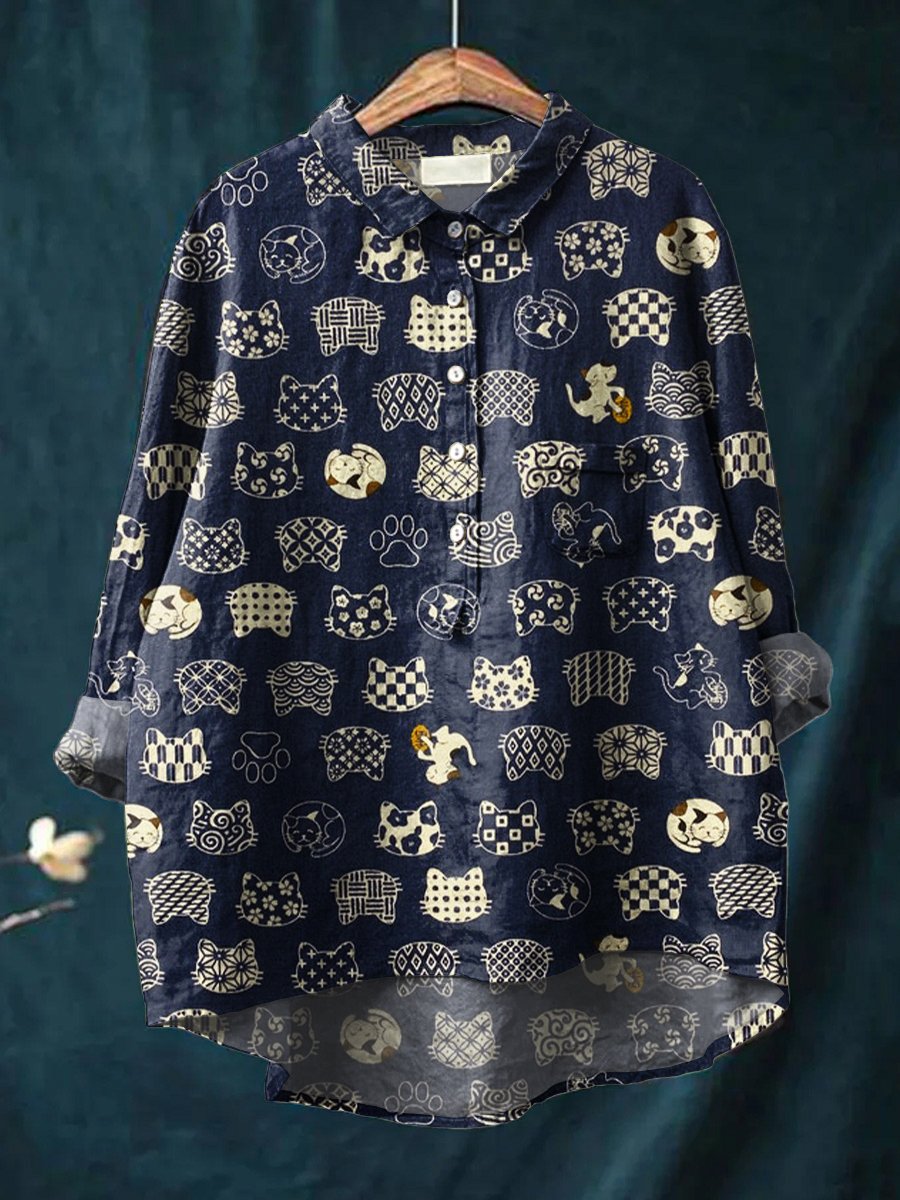 Women's Japanese Floral Pattern Kitten Print Casual Cotton And Linen Shirt