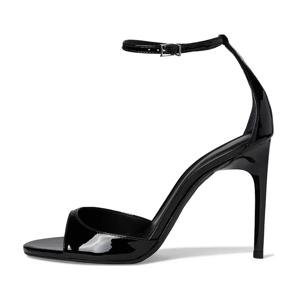 Black Patent Leather Round Toe Ankle Strap Buckle High Heels Sandals