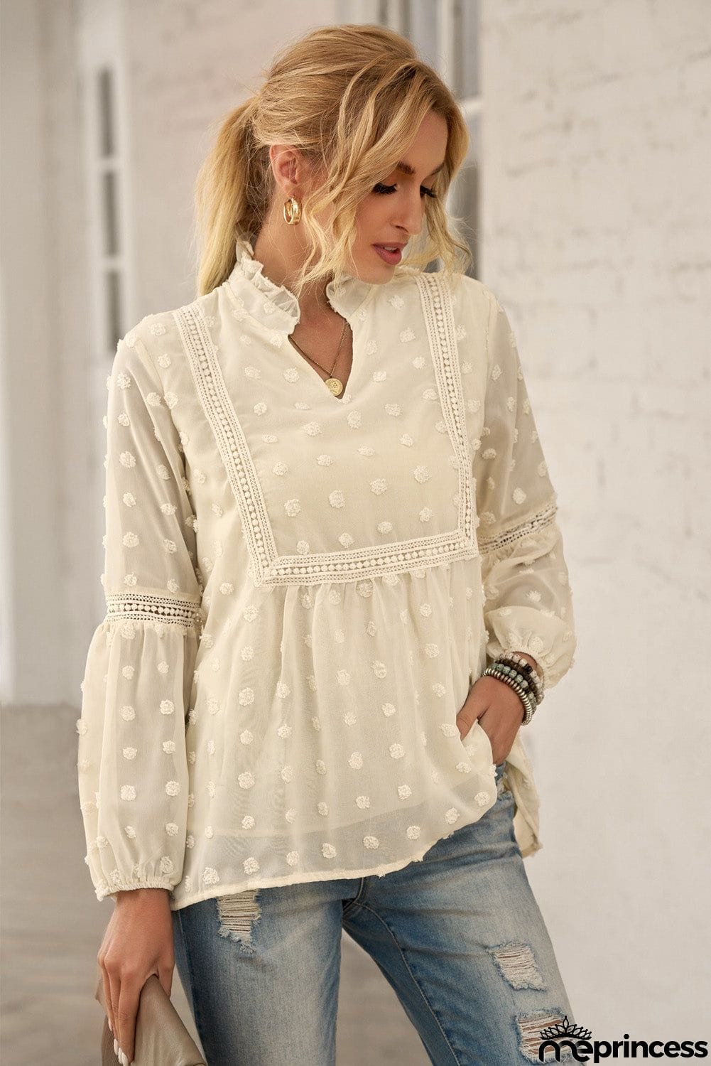 Ruffled Split Neck Lace Hollow Out Puff Sleeve Polka Dot Blouse
