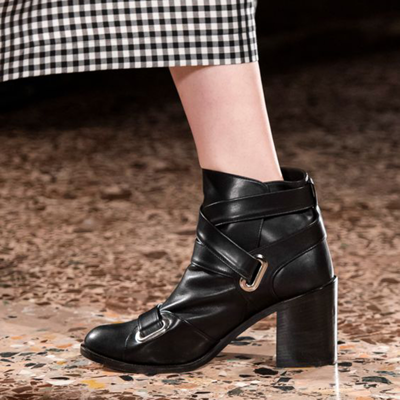 GOOSHOE Black Ankle Boots With Buckle Block Heels