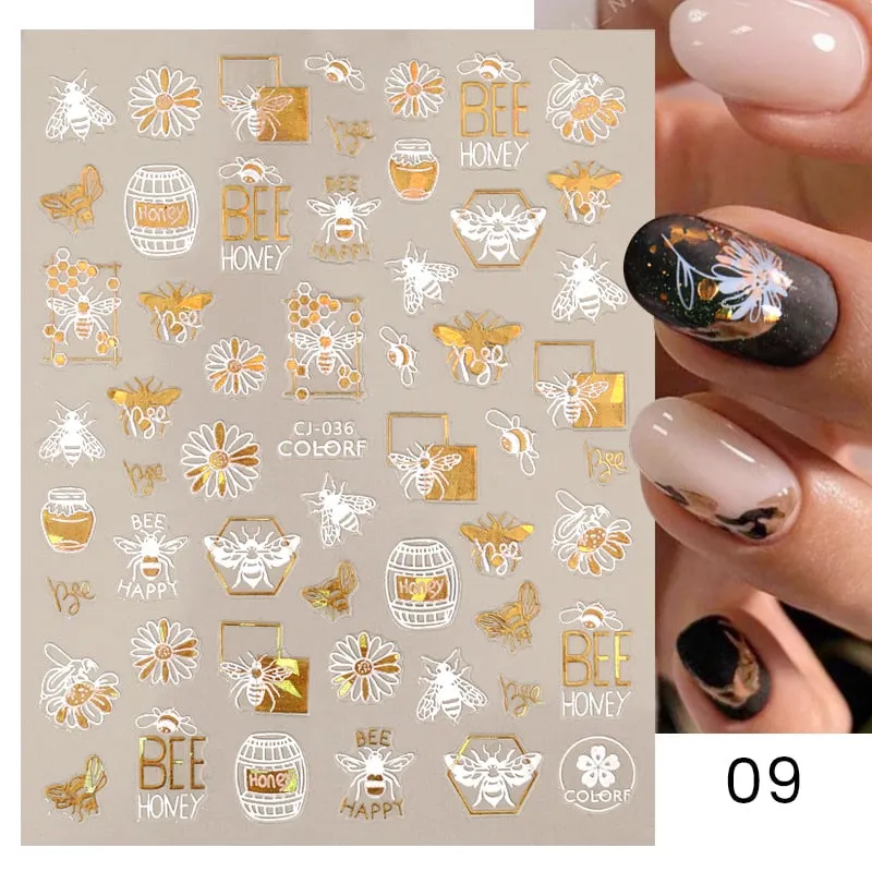 1 Pc 3D Nail Stickers Leaves Sliders for Nails Gold White Bronzing Flowers Gradient Adhesive Sticker Nail Design Art Decorations-Nail Inspo